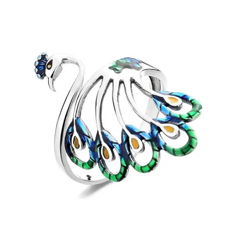 

Creative Retro Living Peacock S925 Sterling Silver Wide-face Ring Female Ethnic Style Thai Silver Phoenix Made Old Ring Ring