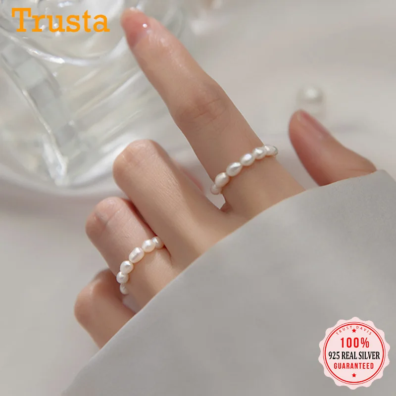 Trustdavis Minimalist Real 925 Sterling Silver Sweet Irregular Pearl Elastic Rings For Women Wedding Party S925 Jewelry DA2196