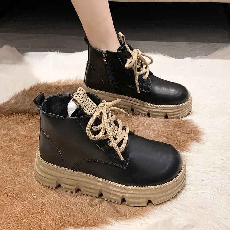 Women's Autumn Boots New Trend Retro Style Genuine Leather Round Toe Ankle Boots Thick Sole Casual Shoes for Women 2022 Luxury