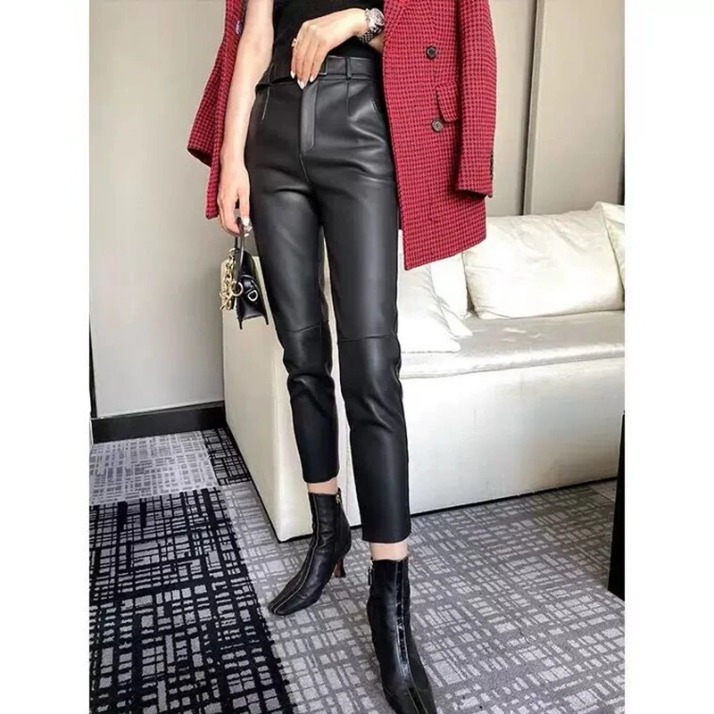 2023 Women's Trousers 100% Natural Sheepskin Genuine Leather Fashion Female Ankle-Length Pants Sheepskin Design A Real Slim H210