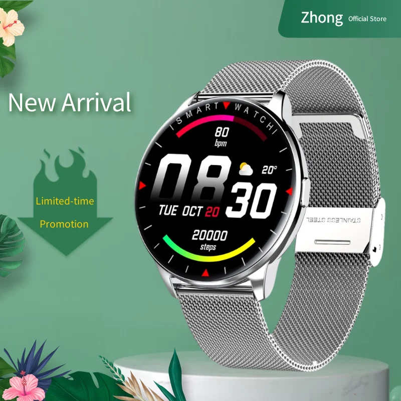 

Round Full-color Large Touch Screen Steel Strap Smart Watch Call Reminder IP68 Waterproof Music Sport Fitness Heart Rate Watch