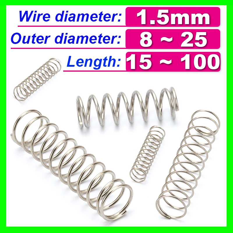 

10pcs 304 Stainless Steel Spring Wire Diameter 1.5mm Compress Pressure Spring Rotor Return Buffer Cylidrical Coil Od 8mm~25mm