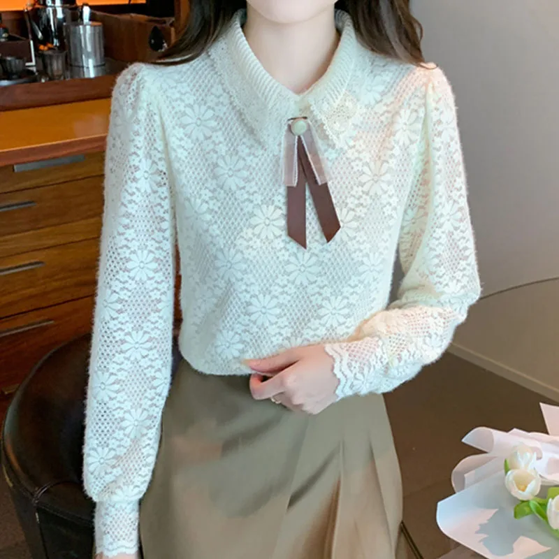 Модная кружевная женская блузка с кукольным воротником и бантом длинным рукавом