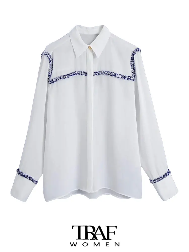 

Блузка женская твидовая контрастная с длинным рукавом, на пуговицах