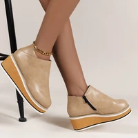 fashion women short boots round toe high top platform wedges retro booties soft leather zipper comfortable ankle boots for woman