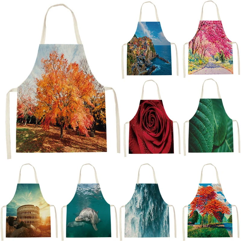 

Home Cleaning Aprons Home Chef Cooking Baking Kids Aprons Landscape Pattern Women's Kitchen Aprons Linen Bibs