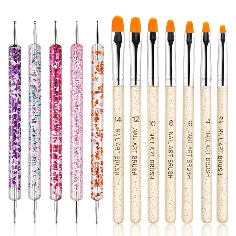 12Pcs Nail Art Brush Design Tip Painting Drawing Carving Dotting Pen FlatFan Liner Acrylic Gel UV Polish Tool Manicure