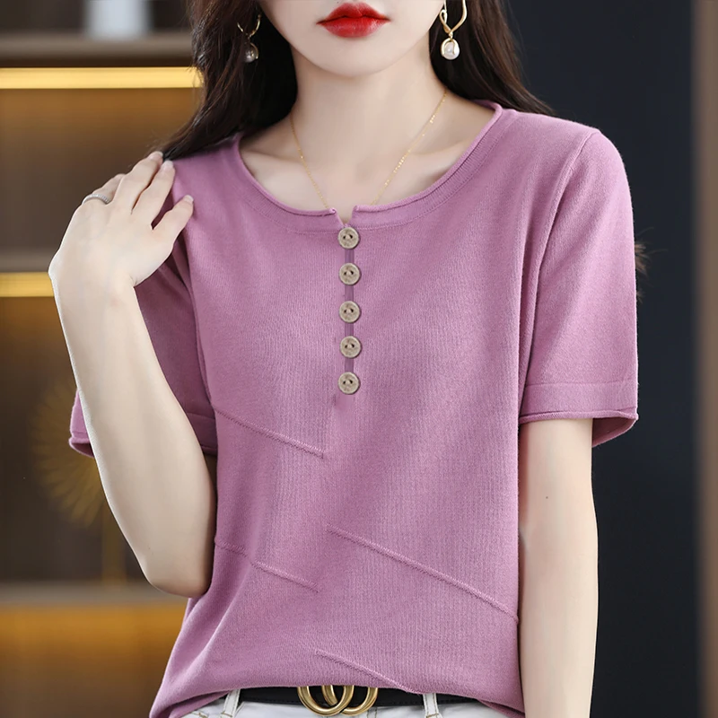 

100% Cotton Short Sleeve Ladies Round Neck Pullover Casual Knit Solid Color Top Summer New Fashion Loose Tank Top T-Shirt