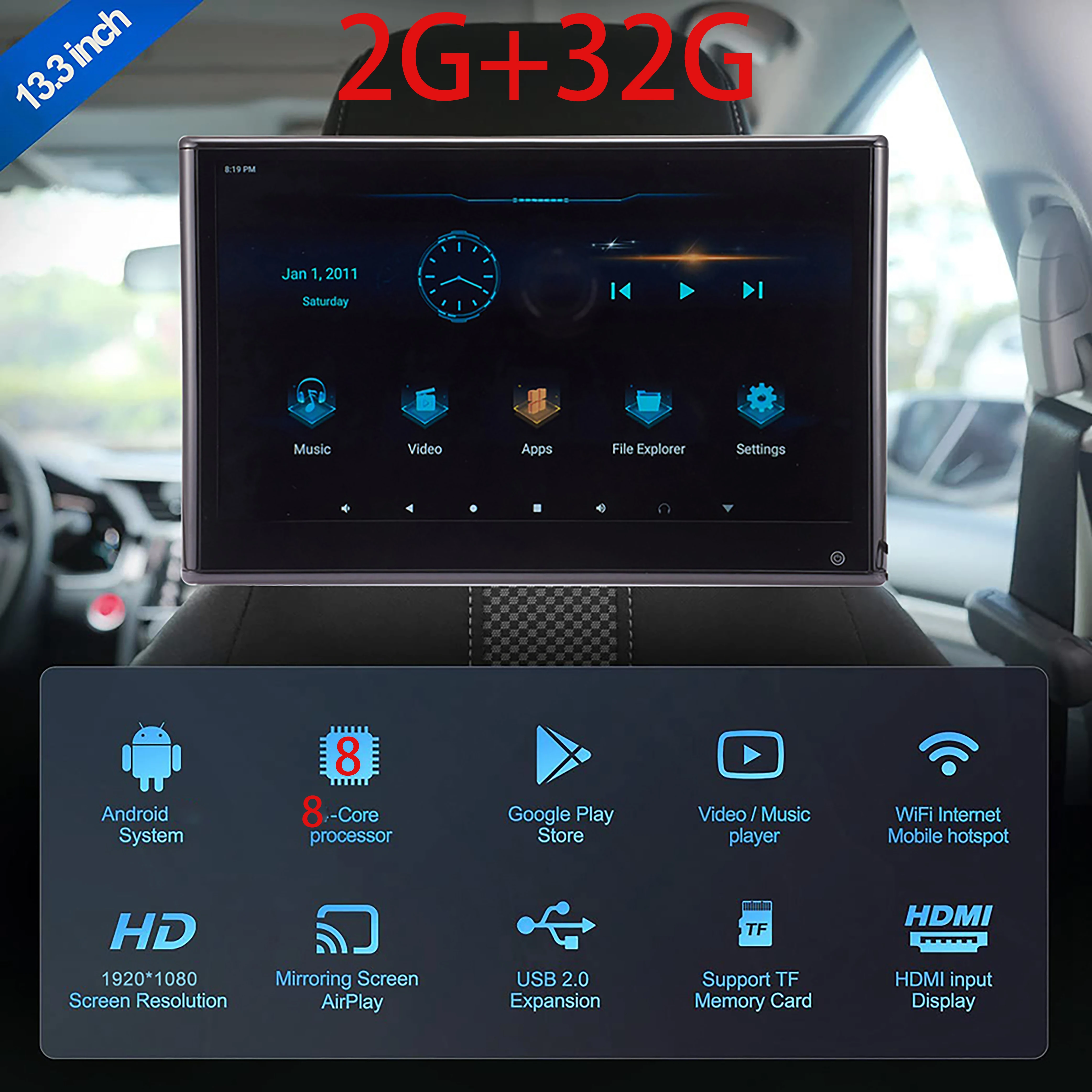 Монитор Автомобильный на подголовник 13 3 дюйма Android 2 + 32 ГБ 4K 1080P WIFI/FM/Bluetooth/USB/SD/HDMI |