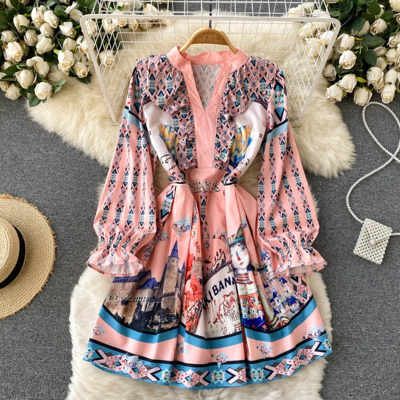 

Spring V-neck Long Sleeve Retro Printed Casual Boho Dress A-line Pink Vintage Short Dress