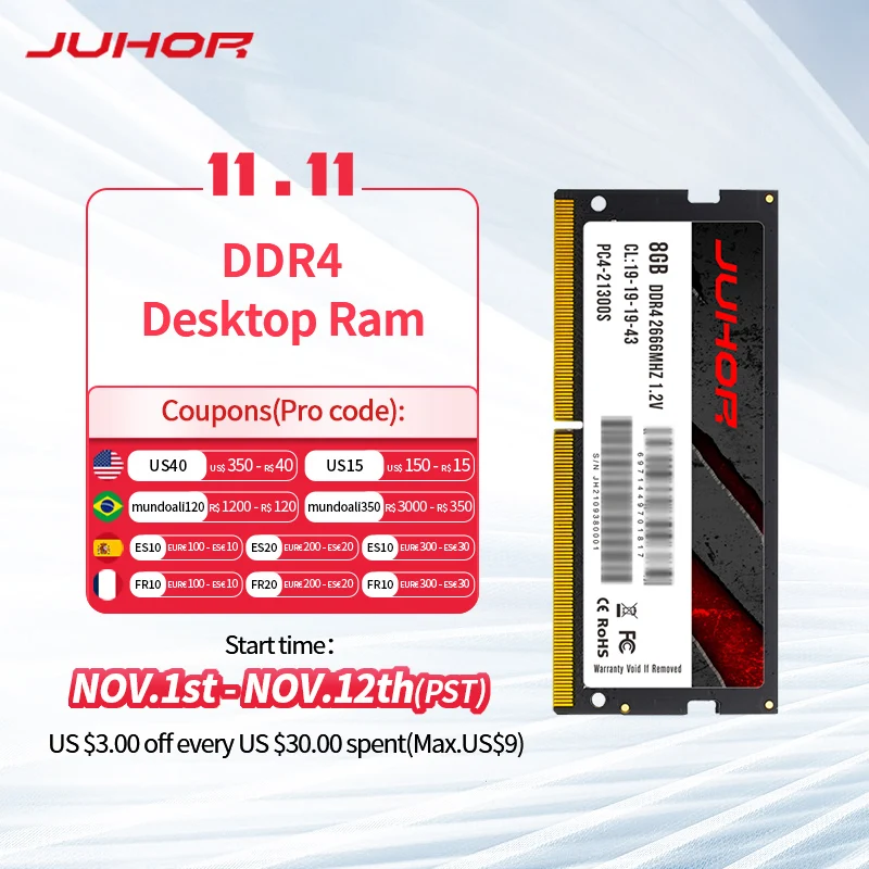 

JUHOR RAM Memoria DDR4 4GB 8GB 16GB 32GB Laptop Memory With 2666MHz 3200MHz 1.2V Rams