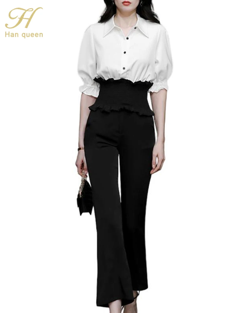 

H Han Queen 2023 Summer New Occupation 2-Piece Suits Women Elegant White Shirts & Simple Flared Pants Korean Chic OL Casual Set