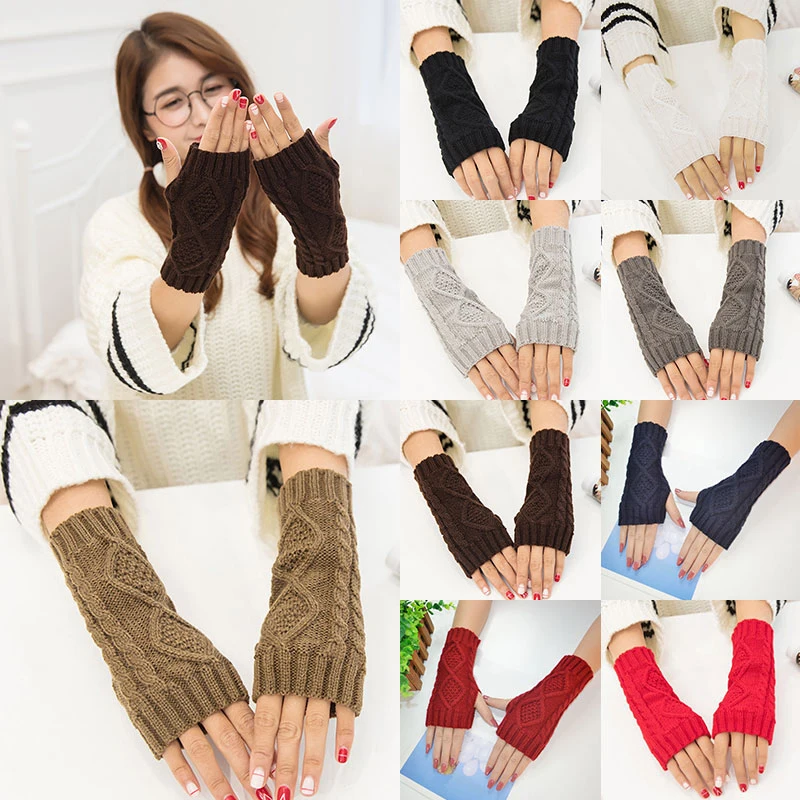 

1 Pair Autumn Winter Women Knit Gloves Arm Wrist Sleeve Hand Warmer Girls Rhombus Long Half Winter Fingerless Gloves