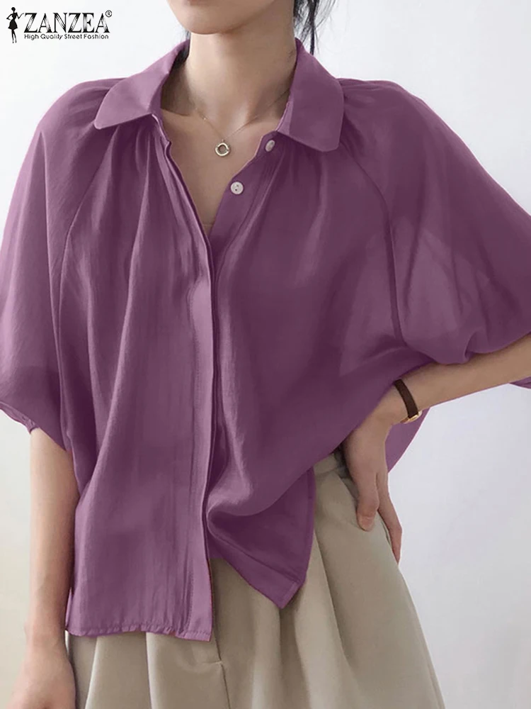 

Блузка ZANZEA Женская с воротником с лацканами, свободная плиссированная Повседневная Однотонная рубашка на пуговицах, блузка оверсайз с коро...