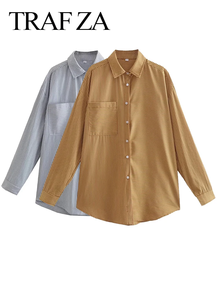 

TRAF ZA Fashion Commuter Striped Shirt Top Single Pocket Button Lapel Long Sleeve Casual Loose Office Everyday Clothes Ladies