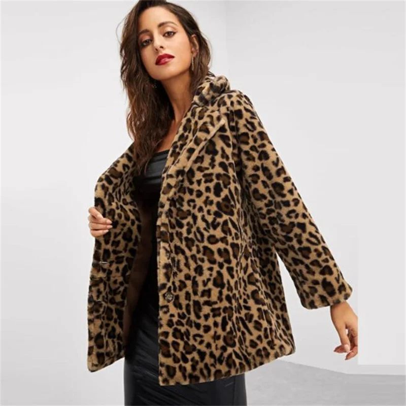 Long sleeve Leopard faux mink leather jacket womens winter thicken warm Medium length fur leather coat women jackets B67