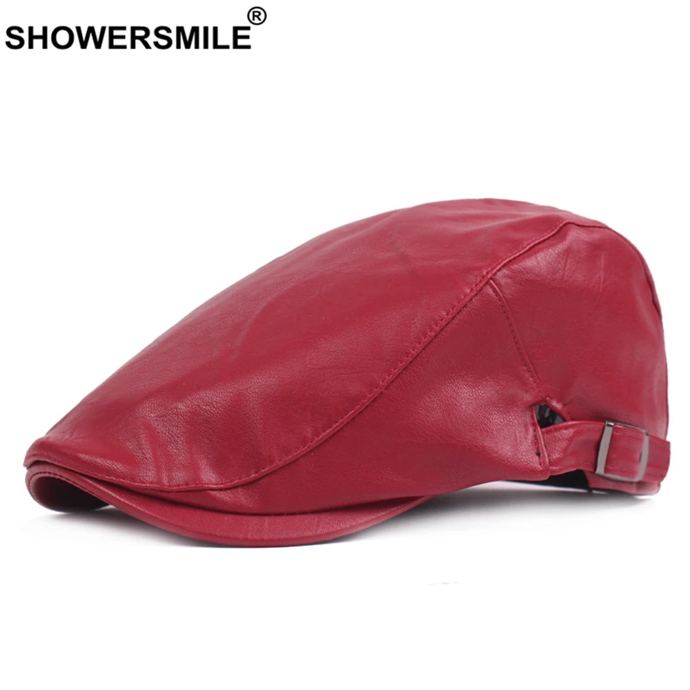 SHOWERSMILE зимняя шапка из искусственной кожи красного цвета мужской берет Ретро Повседневная теплая осенне-зимняя мужская однотонная брендов...