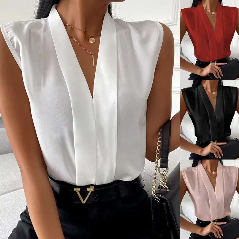 

Women New Fashion V Neck Sleeveless Chiffon Shirts Spring Summer Casual Solid Color Sexy Patchwork Blouses Elegant Office Tops