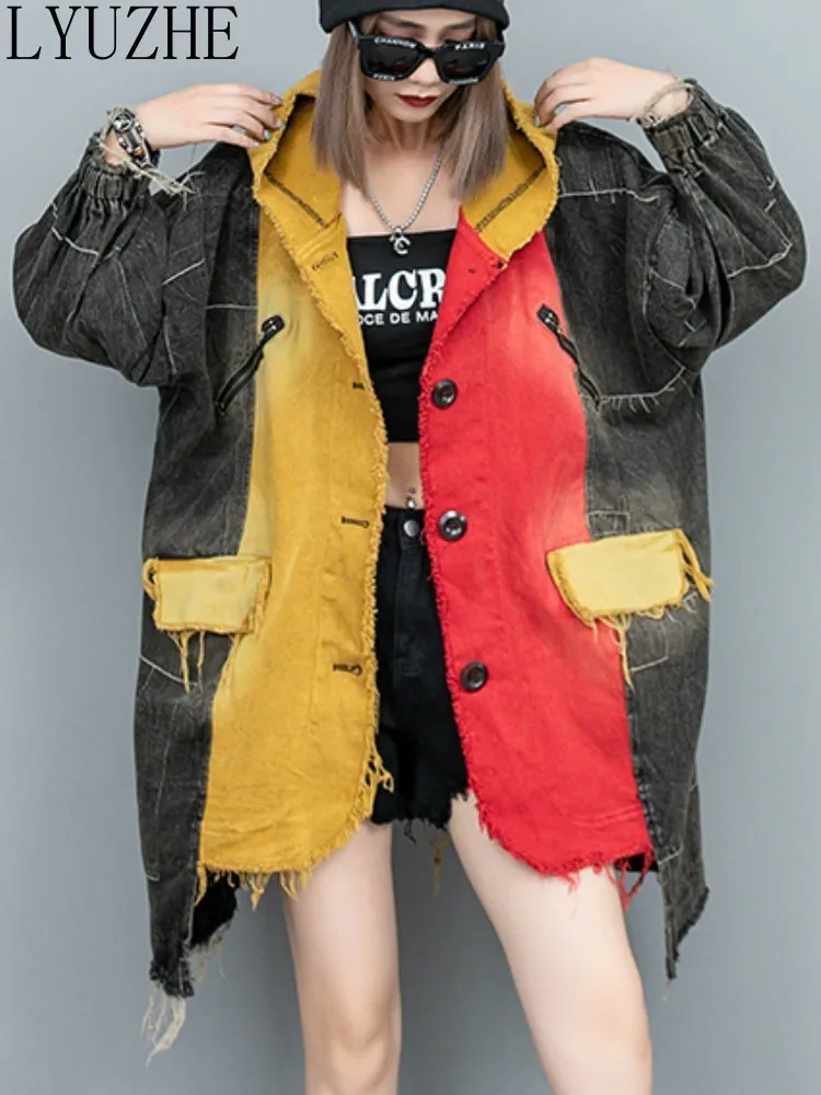 

LYUZHE Fashionable Irregular Patchwork Contrasting Denim Hoodie Oversized Cardigan Medium Length Denim Jacket Women ZXF732A