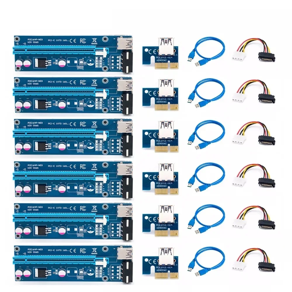 

6 шт., Райзер Ver006 60 см, Usb 3,0, pci e, Райзер-карта Pci Express, 1x до 16x Sata на 4pin Ide Molex Power для майнера Btc