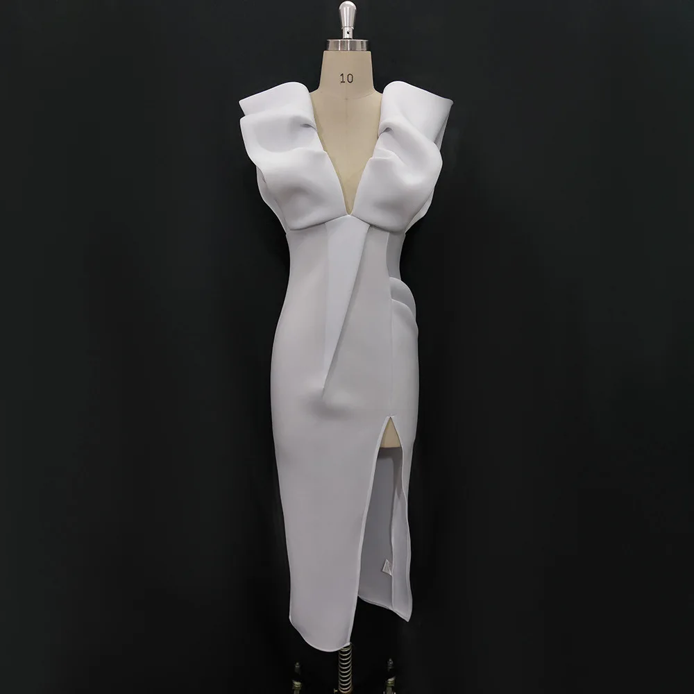 

Sexy Women's Evening Dress Slim Backless Solid White Ruffles Patchwork Zipper Sleeveless Formal Party Elegant Dresses For Women