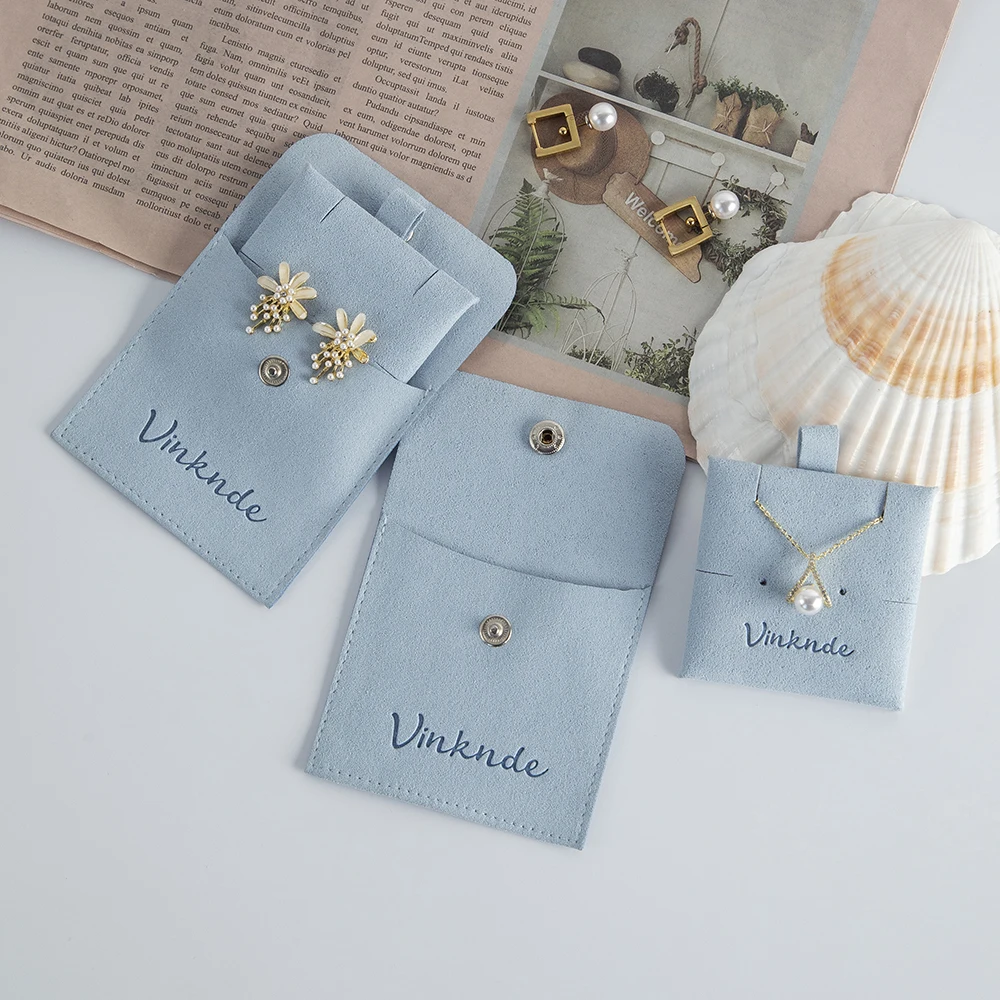 Eco Custom Logo Flap Snap Microfiber Jewellery Insert Earrings Necklace Packaging Display Cards Wedding Gift Bag Jewelry Pouch