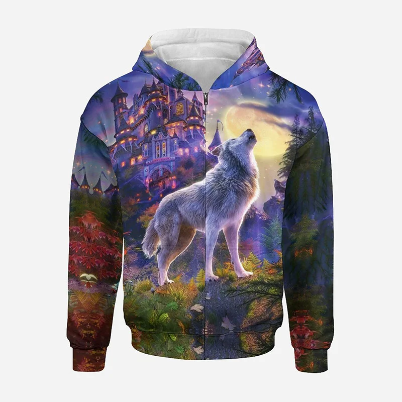 

Wolf Graphic Zip Up Hoodie Men Clothing 3D Lunar Eclipse Printed New in Hoodies Women Harajuku Fashion y2k Pullover Hooded Hoody