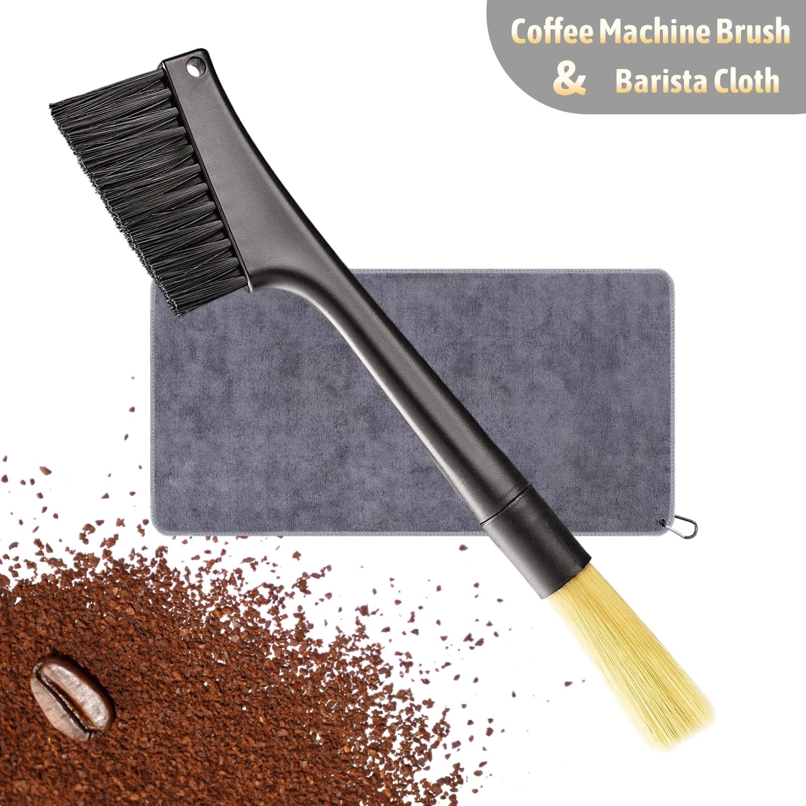 Coffee Grinder Cleaning Brush Natural Bristle Coffee Machine  Espresso Brush with Barista Cloth for Coffee Tool Home Kitchen Bar