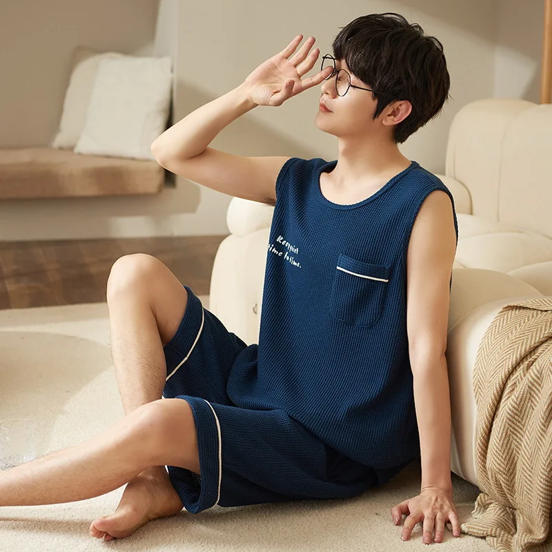 Korean Fashion Nightwear For Men Cotton Short Sleepwear Women Plus Size Pajamas Set Male Female Pijamas Suit Sleevesless Pjs