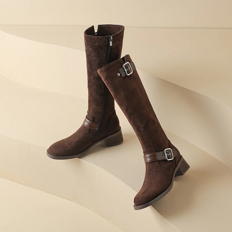 Модные женские Современные Сапоги Kcenid высокие сапоги до колена с круглым носком