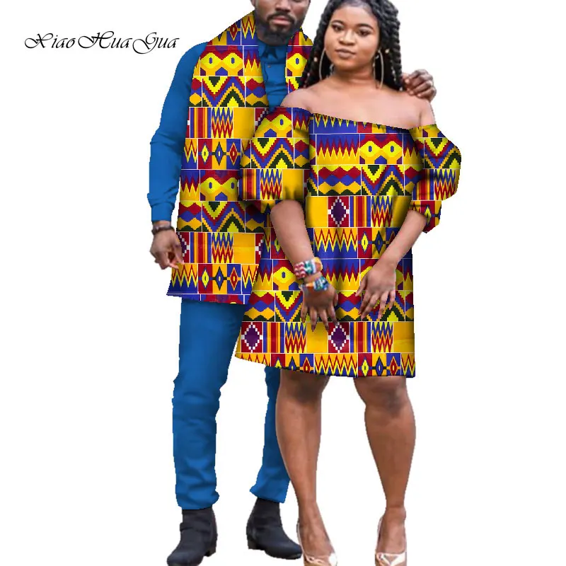 African Dresses for Women Bazin Mens Shirt and Pants Sets Lover Couples Clothes Print Yarn Dress African Couple Clothing WYQ245