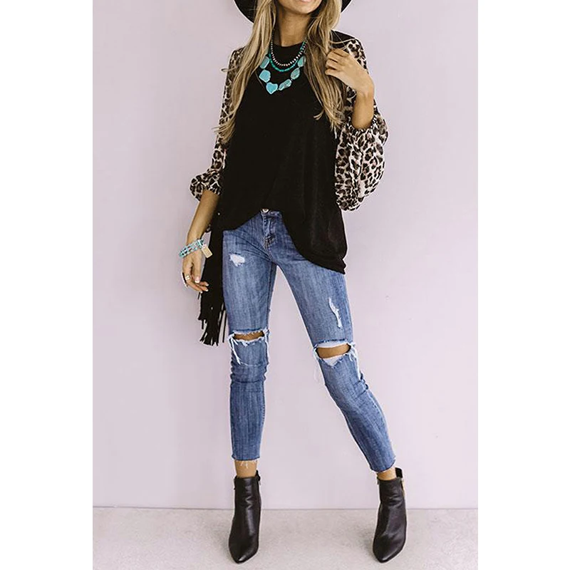 

Spring and Autumn Leopard Stitching Long-sleeved Women Fashion Loose T-Shirts Autumn Pullovers Top Ropa Mujer 2021