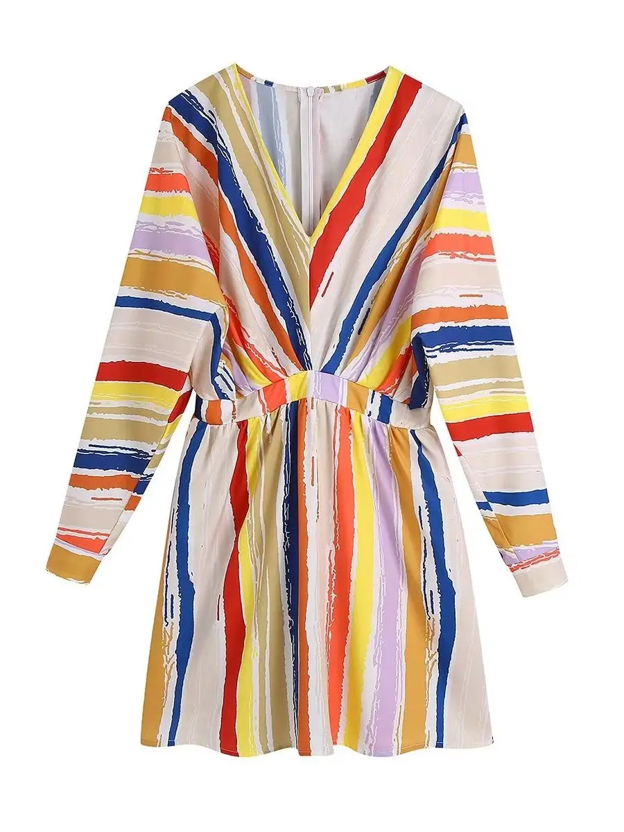 

Summer Women's Rainbow Striped Print Long Sleeve Neck Waist Design V-Neck Zipper Aline Dress Sexy