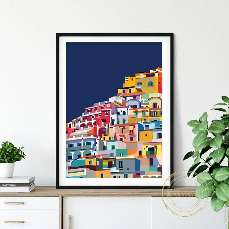 

Positano итальянское побережье Амальфи красочная Картина на холсте скандинавский абстрактный мультяшный пейзаж настенный плакат Современный ...