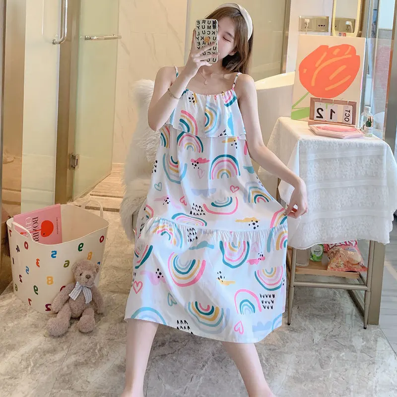 

Cotton Silk Suspenders Lace Collar Nightdress Women's Summer New Pajamas Large Size Printing Can Be Worn Outside Home Clothes
