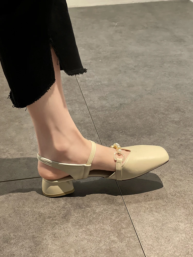 

Сандалии женские на толстом каблуке, с квадратным носком и жемчугом