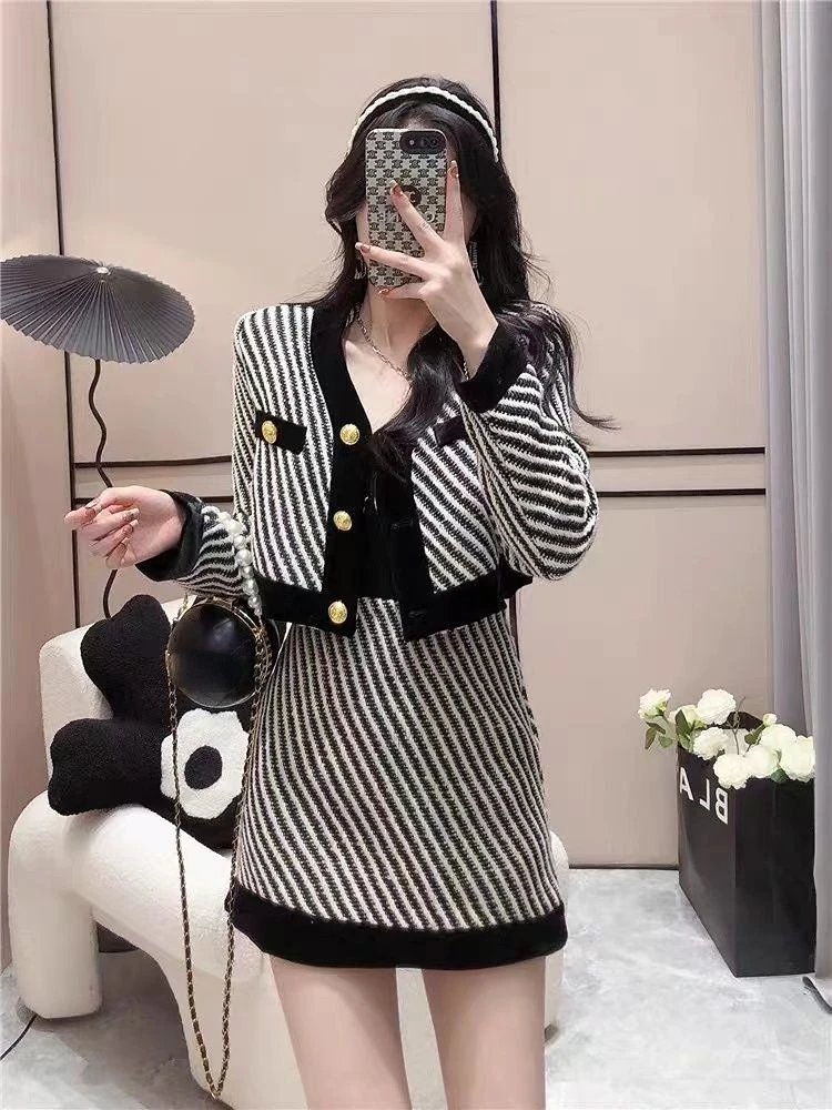 

Winter V Neck Striped Jacket Short Woolen Coat Vintage Slim Mini Skirt Dress Suits Two Piece Sets 2022 Fall