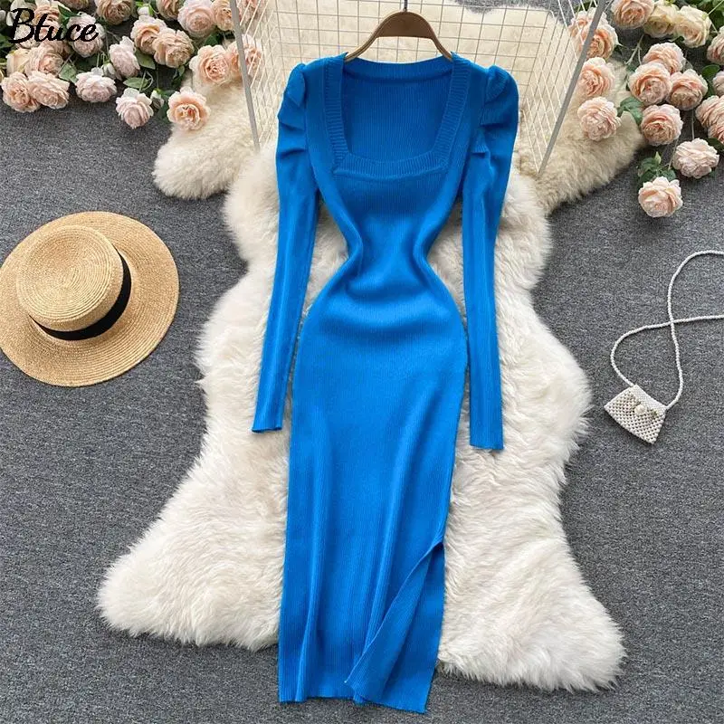 

Women Klein Blue Temperament Square Collar Slim Mid-length Dress Female Casual Pleated Long Sleeve Side Slit Bottoming Dress