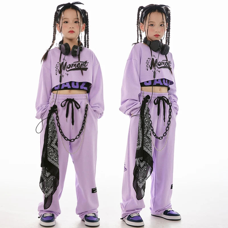 

Костюм для джазовых танцев, детская одежда для джазовых танцев, фиолетовый укороченный топ и брюки для девочек, костюм с длинным рукавом, наряды для выступлений, одежда для Rave BL11910