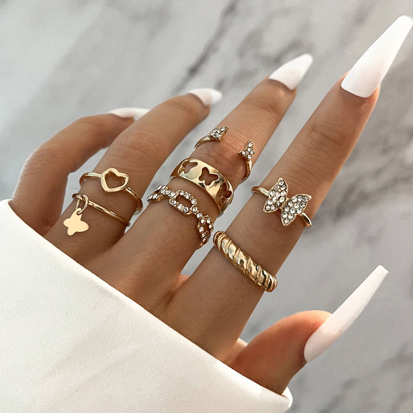 

Stillgirl 7Pcs Y2k Crystal Gold Butterfly Matching Rings for Women Vintage Heart Open Set Female Kpop Jewelry Gift Anillos Mujer