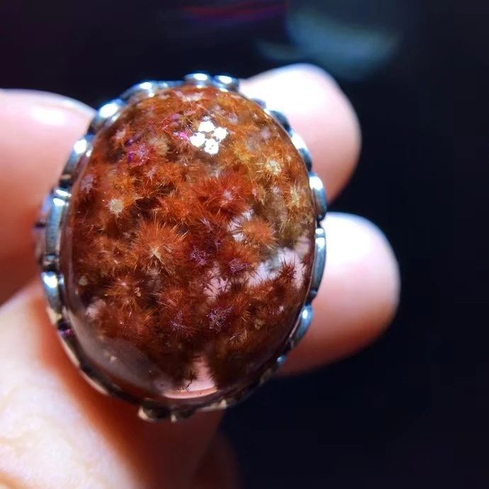 Регулируемое кольцо из натурального золота с рутилированным кварцем цветок