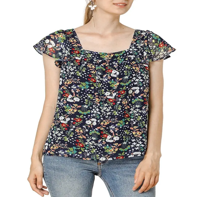 

Women`s Square Neck Floral Ruffle Sleeve Chiffon Blouse Top