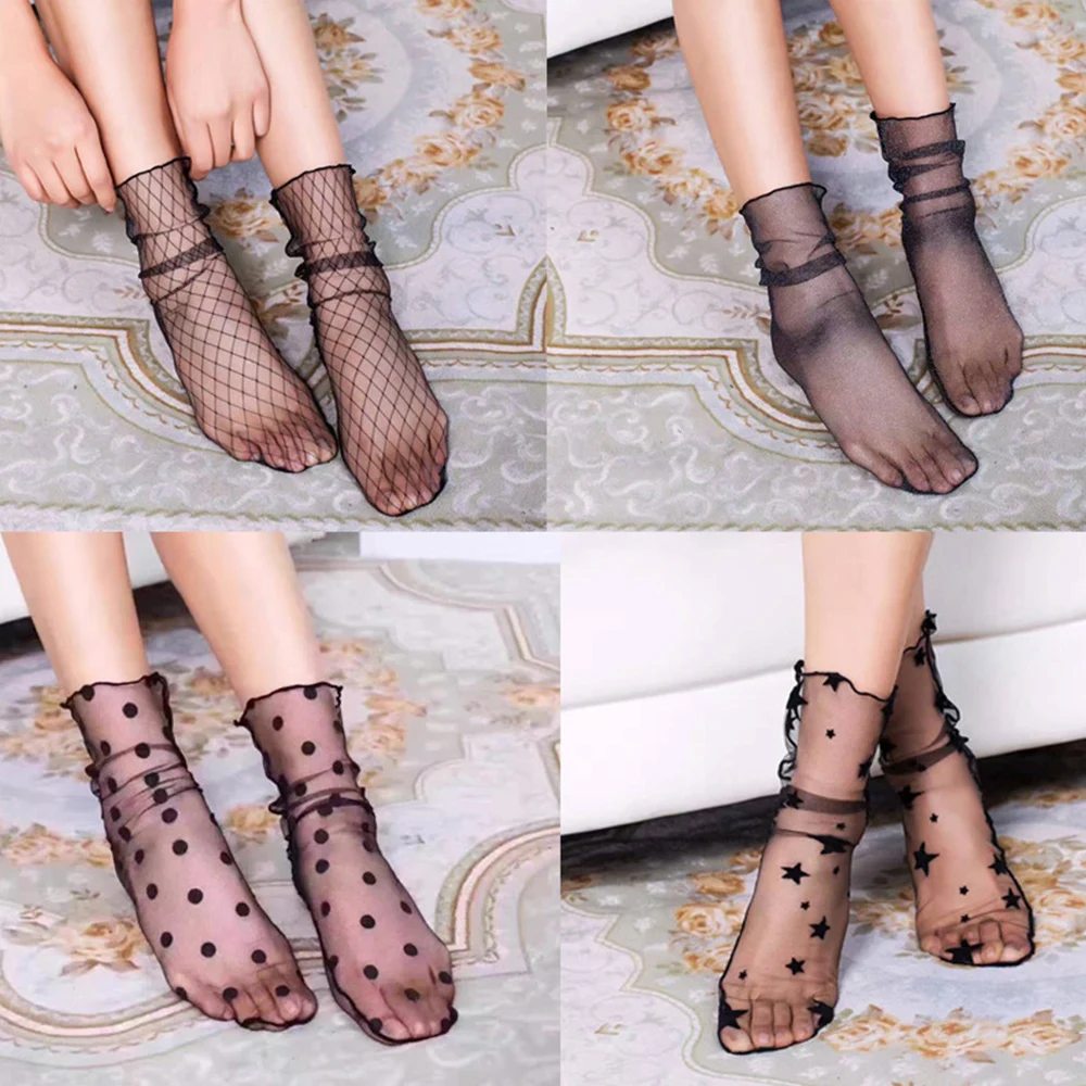 

Summer Sexy Lace Women Socks Ultra-thin Transparent Mesh Fishnet Short Socks Harajuku Casual Breathable Black Crew Socks