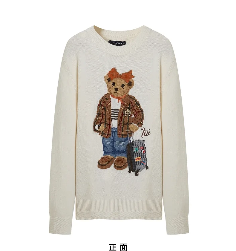 Cartoon Bear Knitting Women Fashion Sweater Full Sleeves Winter Autumn White Color Lafy Formal Tops Jumpers Clothing  Cardigans
