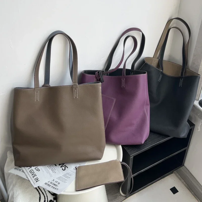 Вместительная сумка-тоут из мягкой кожи двухсторонняя сумочка воловьей сверху