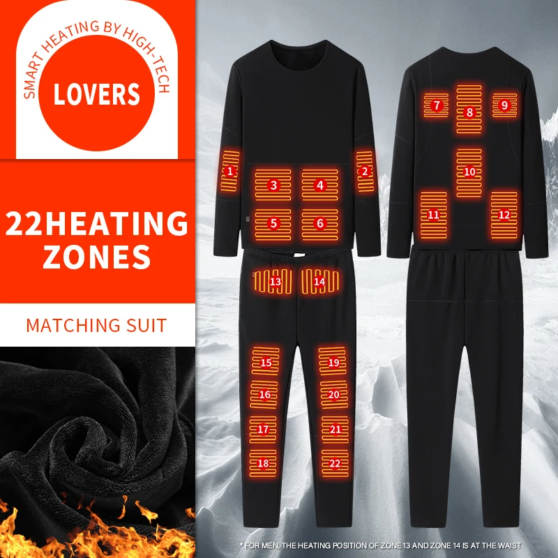 

Winter USB Battery Powered Electric Fleece Heating Underwear Suit Unisex Lined Ski Thermal Tops Pants Smart Control Temperature