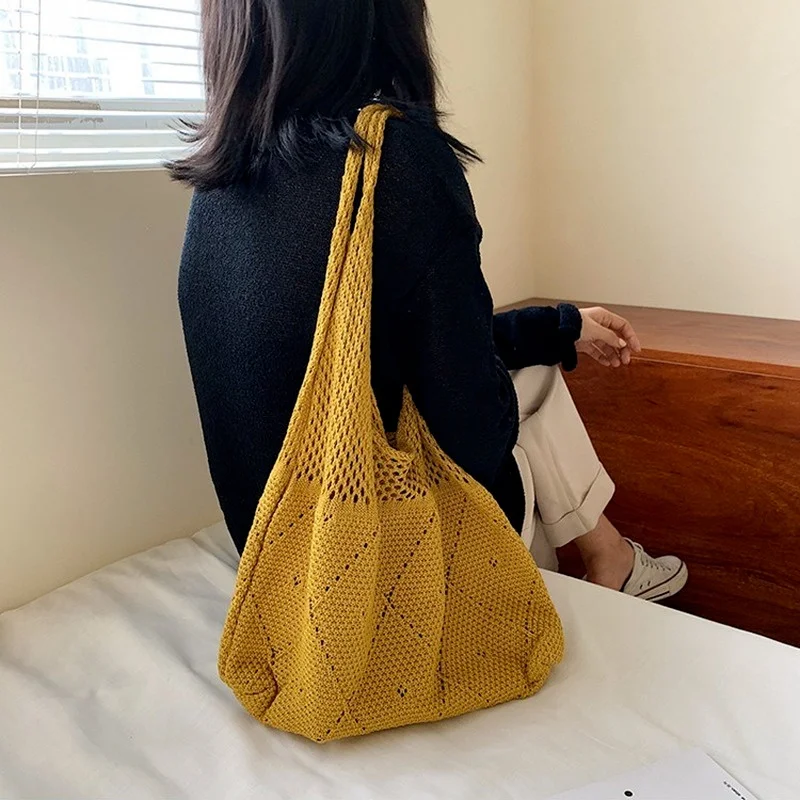 

Handmade Lady Chic Crochet Handbag Korean Fashion Knitted Braid Hollow Black Yellow Top-handle Tote Bag shopper sac