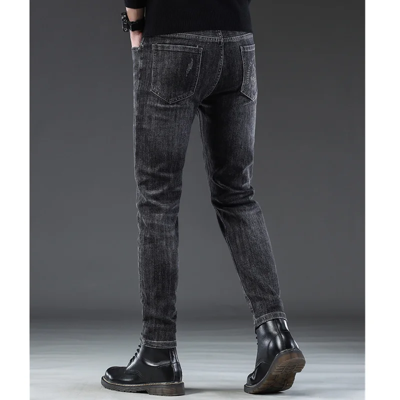 Men Clothing 2022 New Dark Grey Straight Plush and Thicken Jeans Self-cultivation Vintage Pencil Pants Women Autumn and Winter