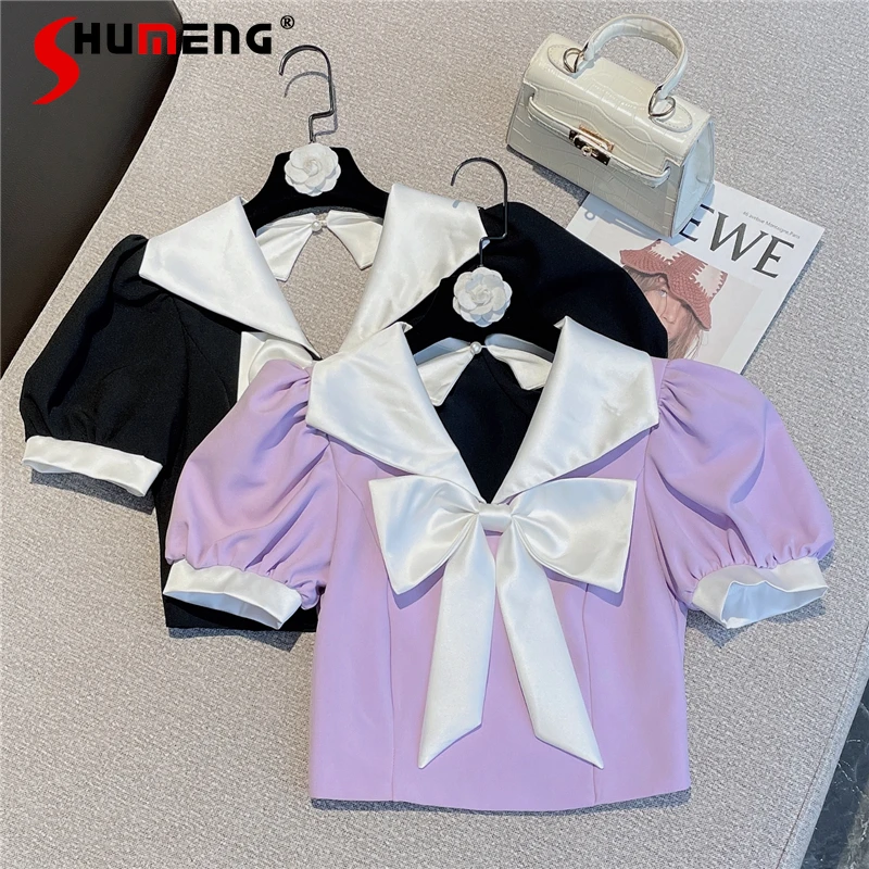 

Backless Camisas Mujer 2022 Summer New Korean Style Sweet Tops Bow Girl Age-Reducing Color Contrast Short Shirt for Women