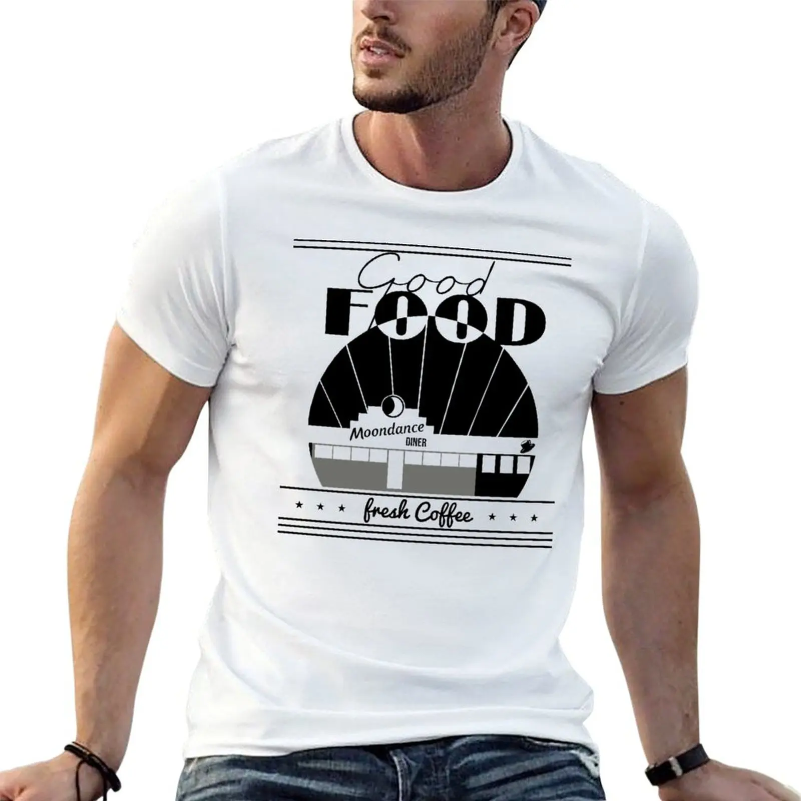 Фото Футболка TICK BOOM GOOD FOOD MOONDANCE DINER FRESH COFFEE GIFT, мужская повседневная футболка с принтами №1